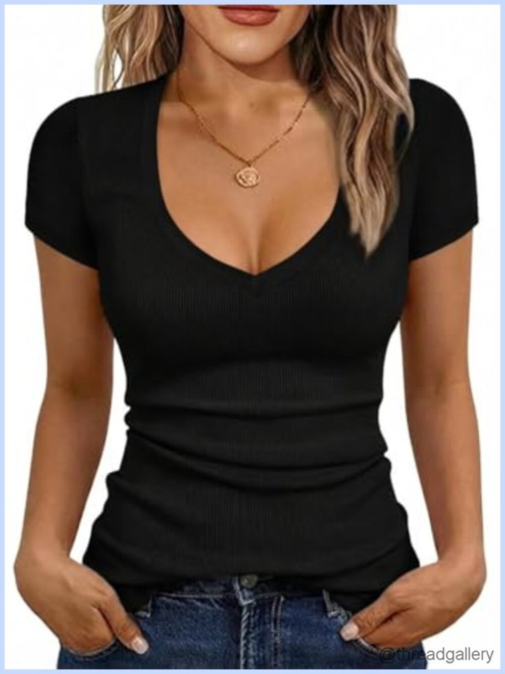 Ribbed Knit Cap Sleeve V-Neck T-Shirt Slim Fit Casual Summer Top